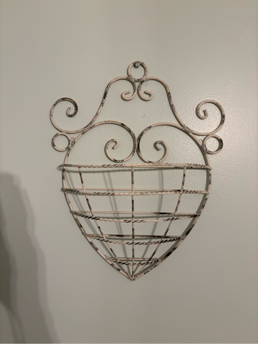 Vintage Off White Distressed Metal Wire Heart Shaped Wall Hanging Mail Basket